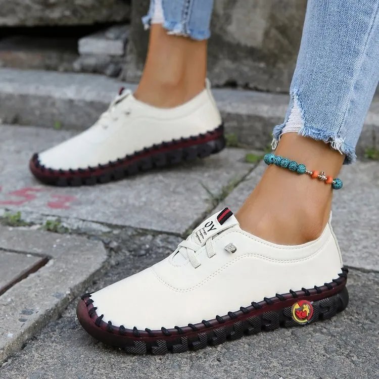 Women Shoes Platform Loafers Lace Up Leather Flats Slip-On