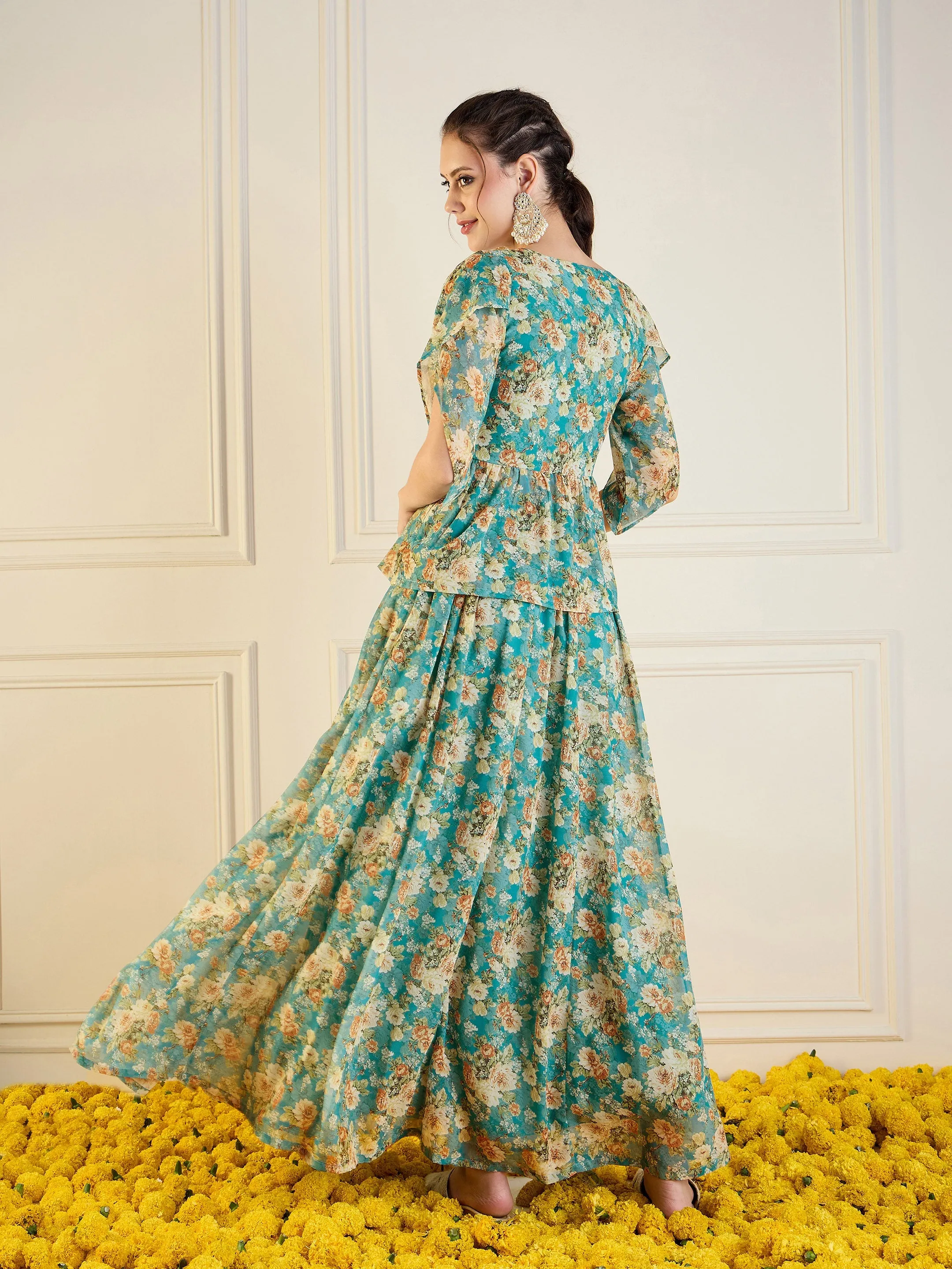 Women Turquoise Blue Floral Anarkali Skirt With Peplum Top