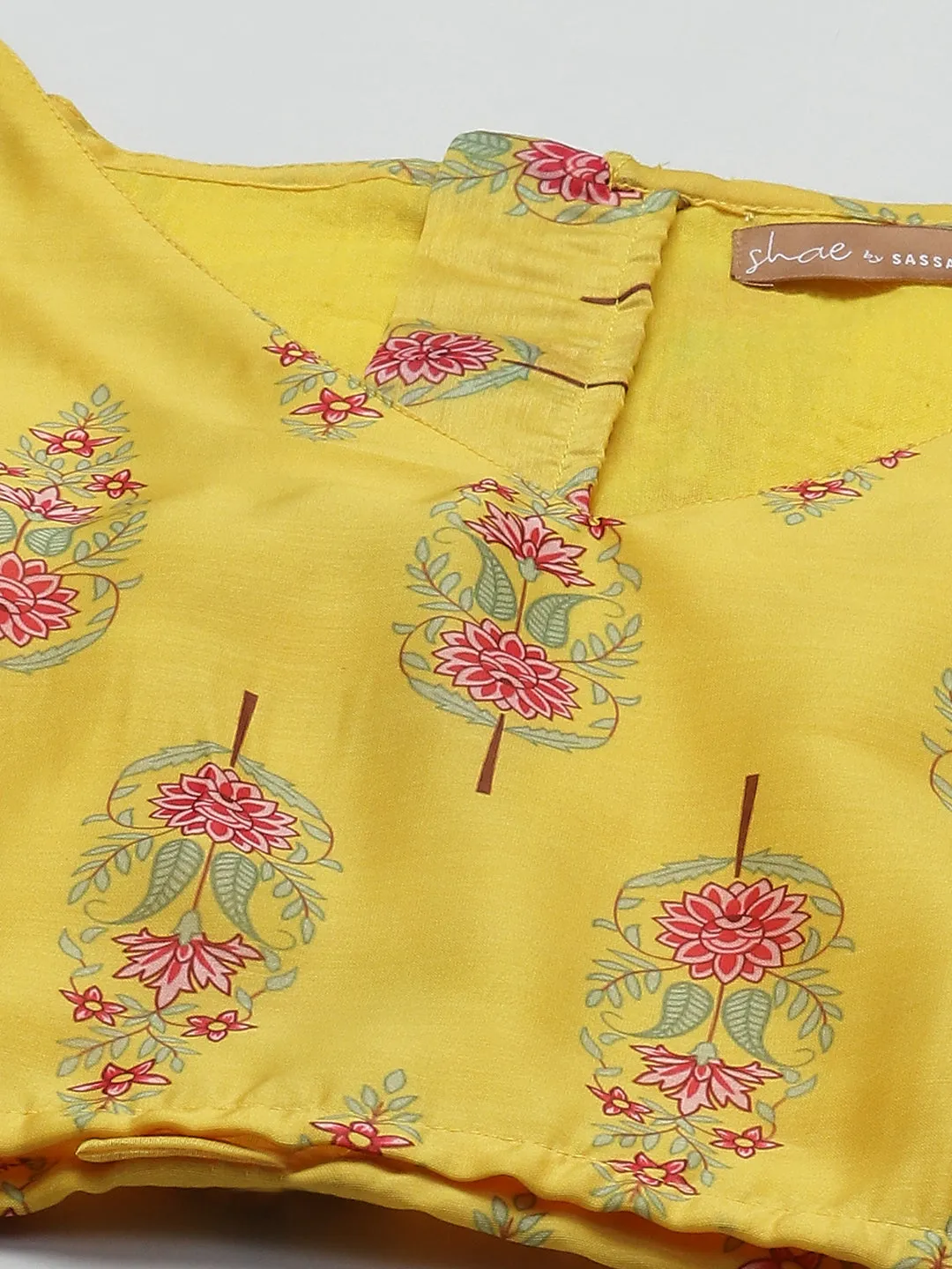 Women Yellow Chanderi Floral Crop Top With Aanrkali Skirt