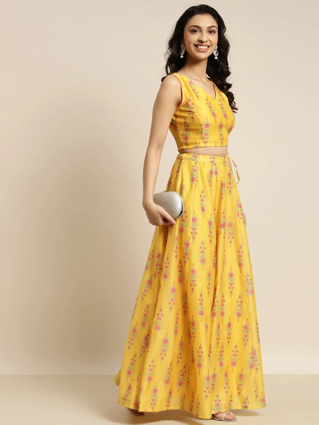 Women Yellow Floral Aanrkali Skirt