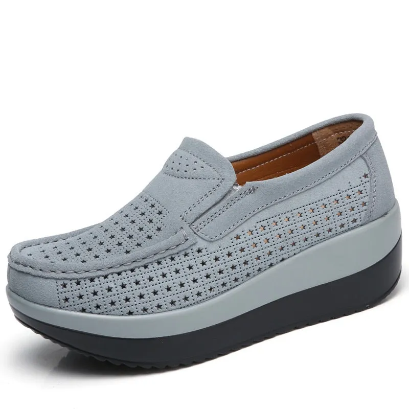 Women's Light Steel Blue Hollow Round Toe Slip-on Platform Moccasins