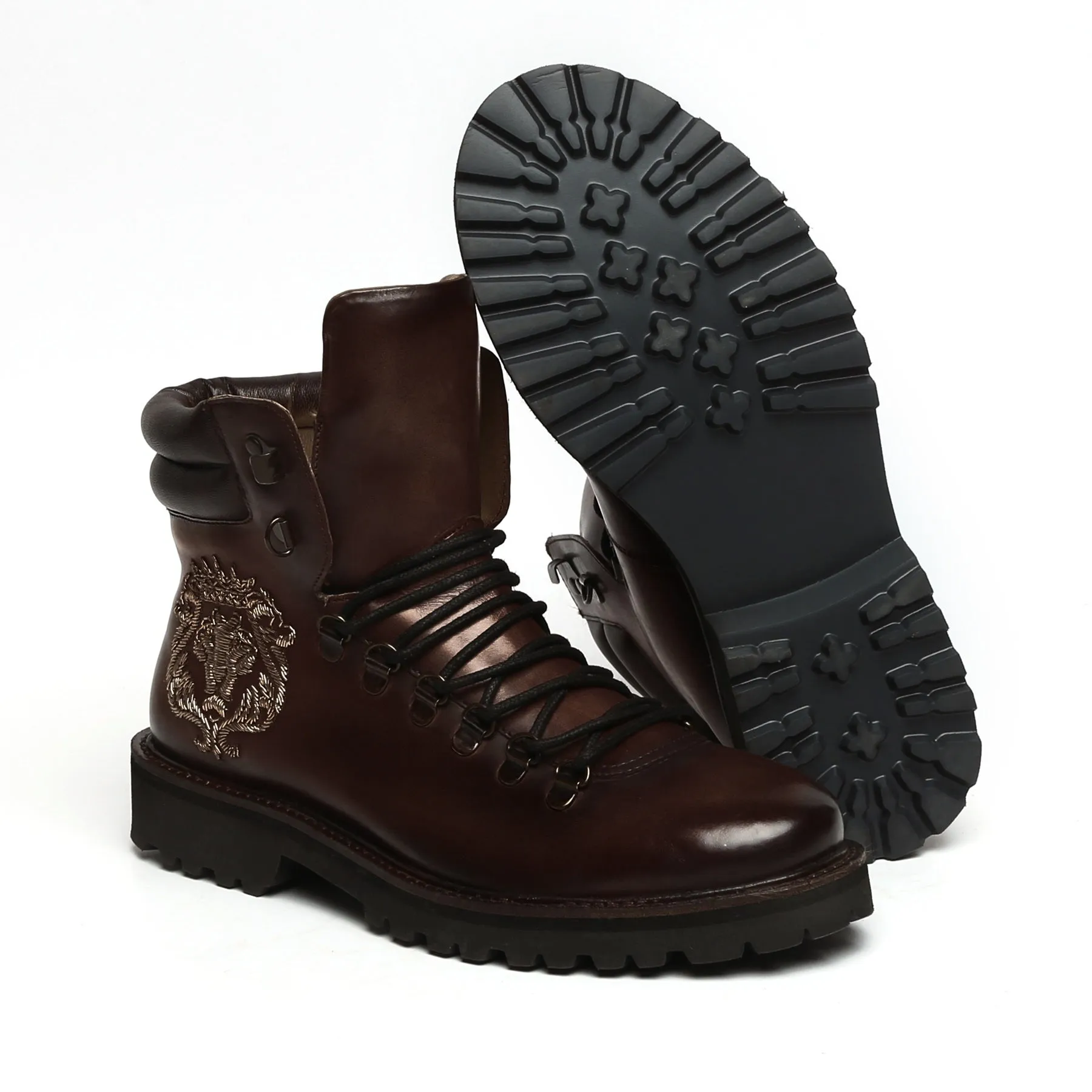 Zardosi Lion Chunky Sole In Dark Brown Leather Lace-Up Boot