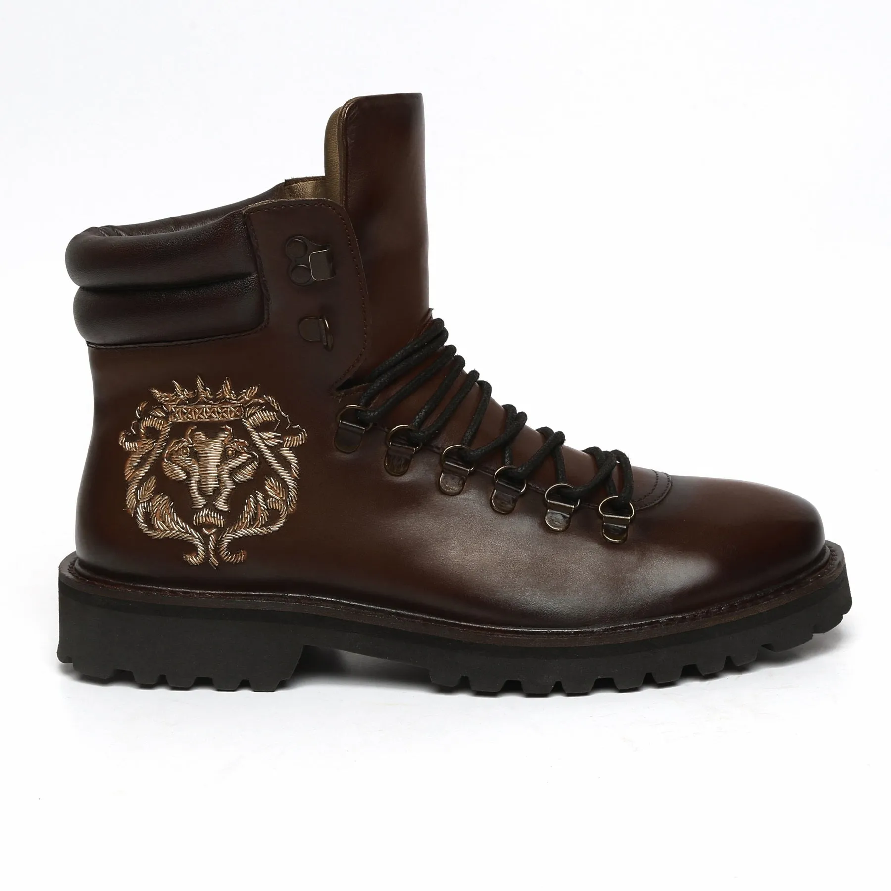 Zardosi Lion Chunky Sole In Dark Brown Leather Lace-Up Boot